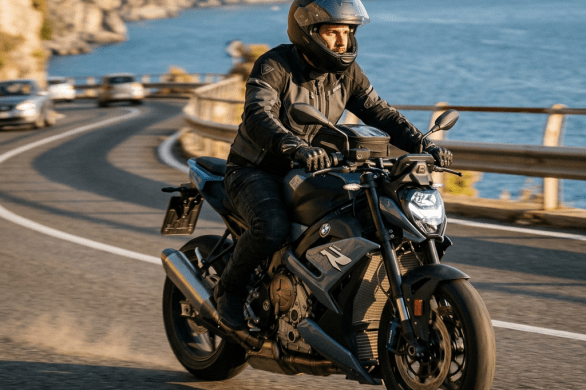 Man riding a black BMW motorcycle on a curved coastal road