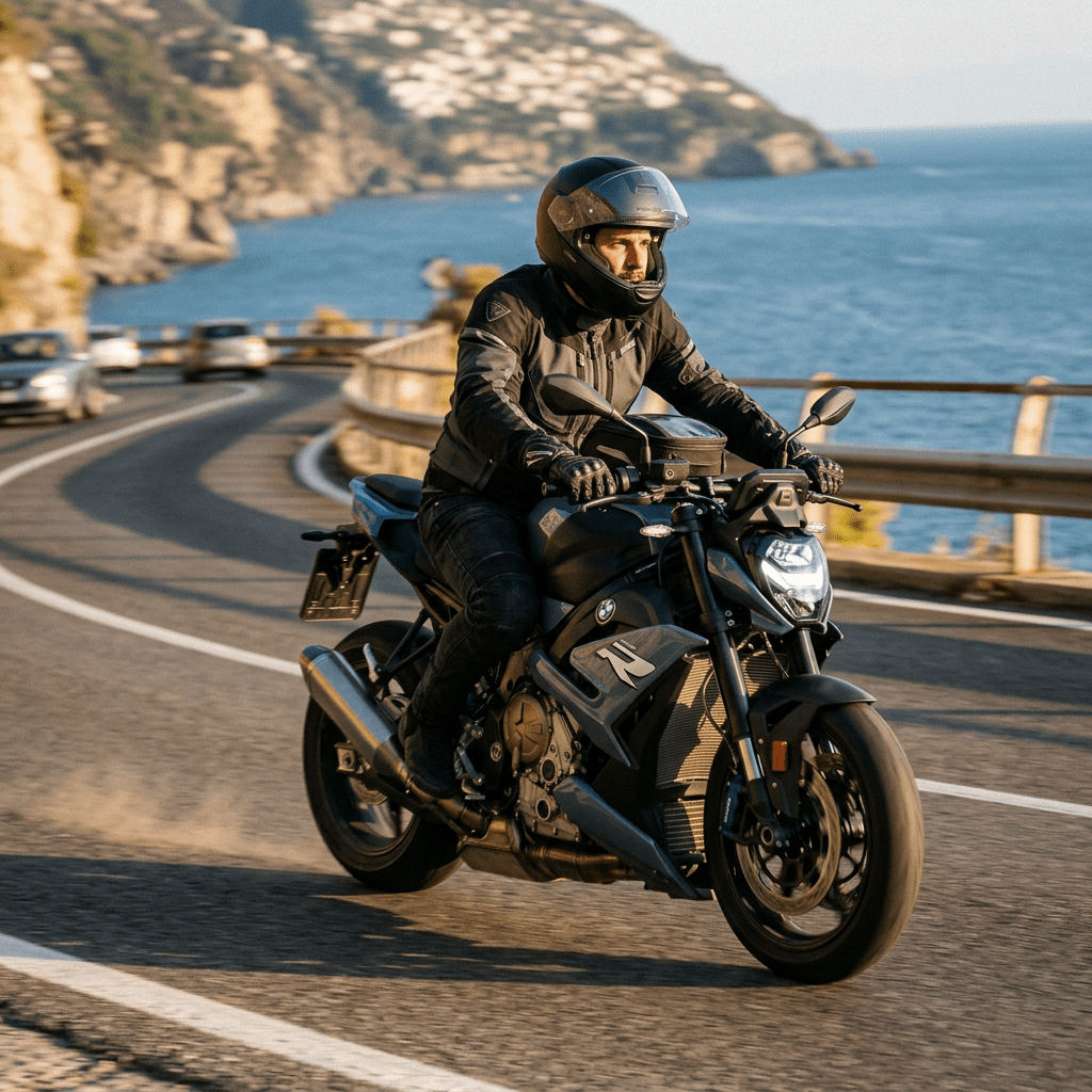 Man riding a black BMW motorcycle on a curved coastal road