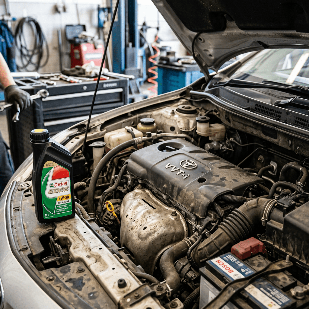 Toyota car engine with Castrol EDGE 5W-30 oil container on the side